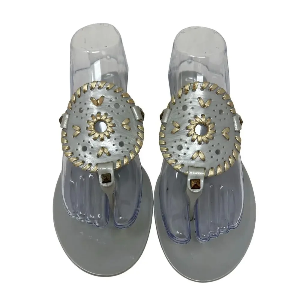 Jack Rogers Georgica Silver Gold Medallion Whip Stitch Leather Jelly Sandals 8